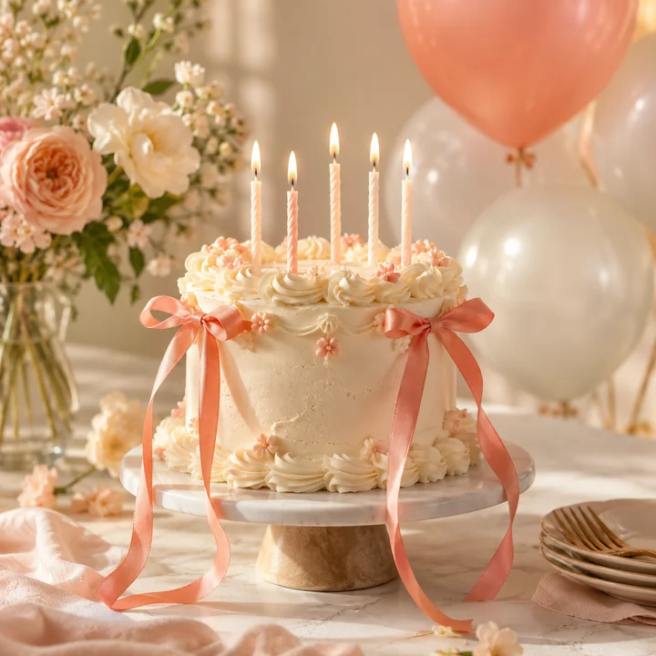 Pastel de cumpleaños con velas, cintas coral y globos pastel.