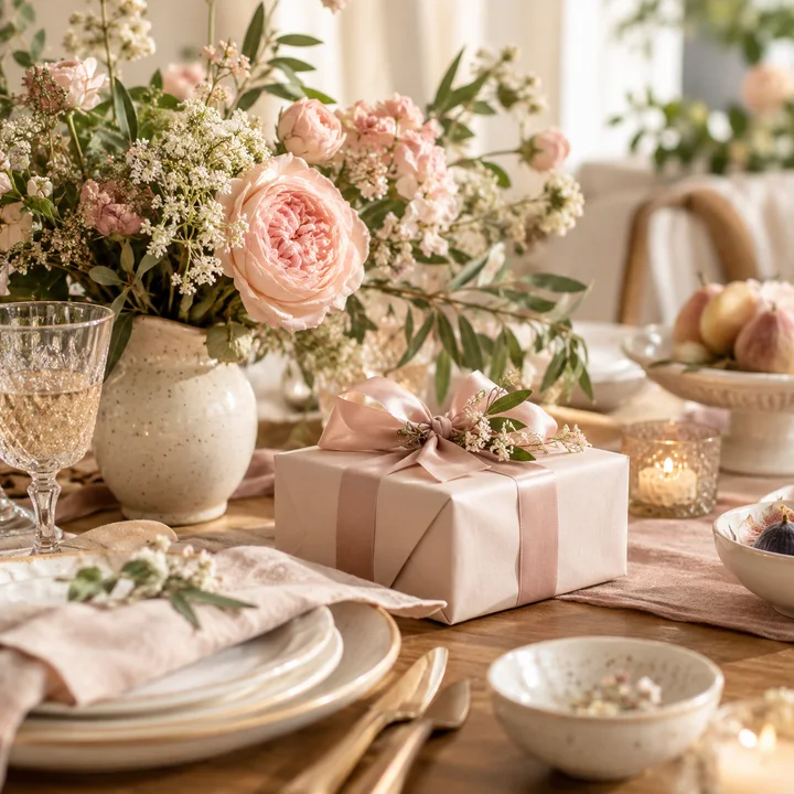 Flores rosa y un regalo con cinta para el Día de la Madre.